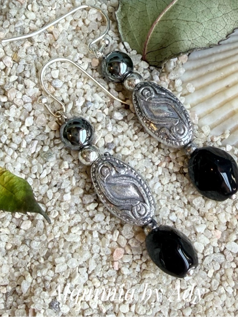 ONYX and hematite Black and Silver Ornate Drop Earrings